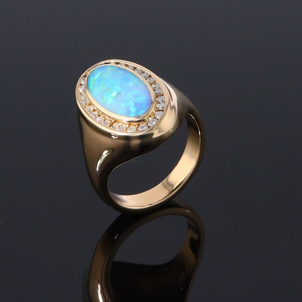 Opal Rings Oval Inlaid Design with .36ctw Round Diamonds Halo