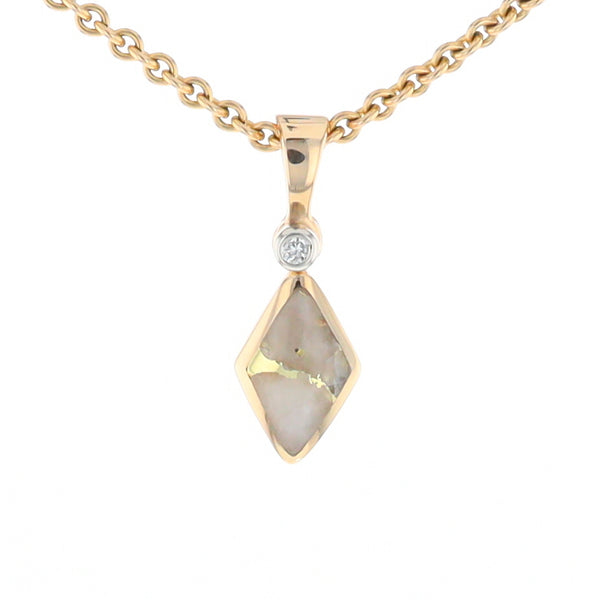 Gold Quartz Necklace Diamond Shape Inlaid Pendant with .02ct Diamond