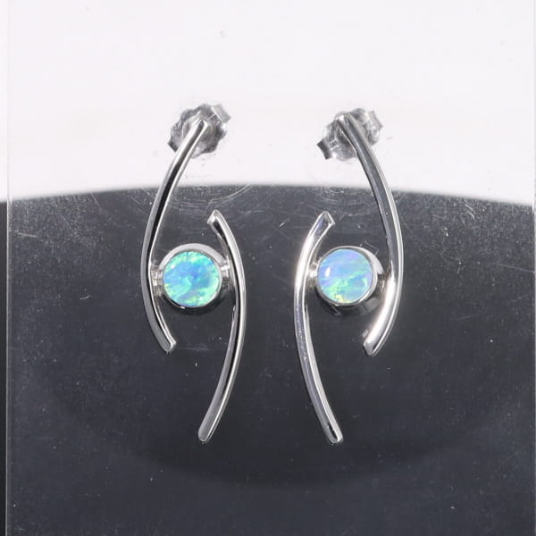 Opal Earrings Round Inlaid Double Curved Bar Design Studs