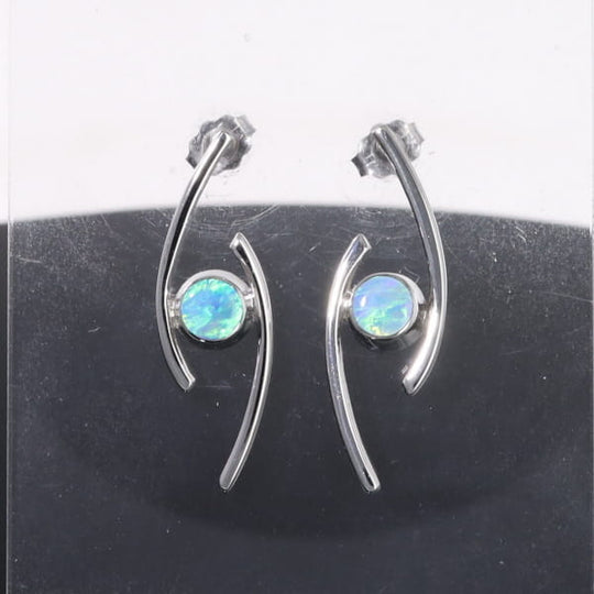 Opal Earrings Round Inlaid Double Curved Bar Design Studs