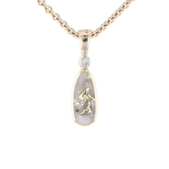 Gold Quartz Necklace Pear Shape Inlaid Pendant with .02ct Diamond