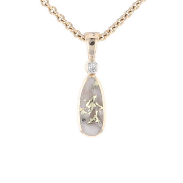 Gold Quartz Necklace Pear Shape Inlaid Pendant with .02ct Diamond