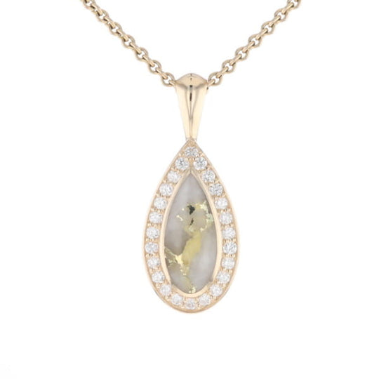 Gold Quartz Pendant Tear Drop Inlaid .42ctw Diamond Halo Design