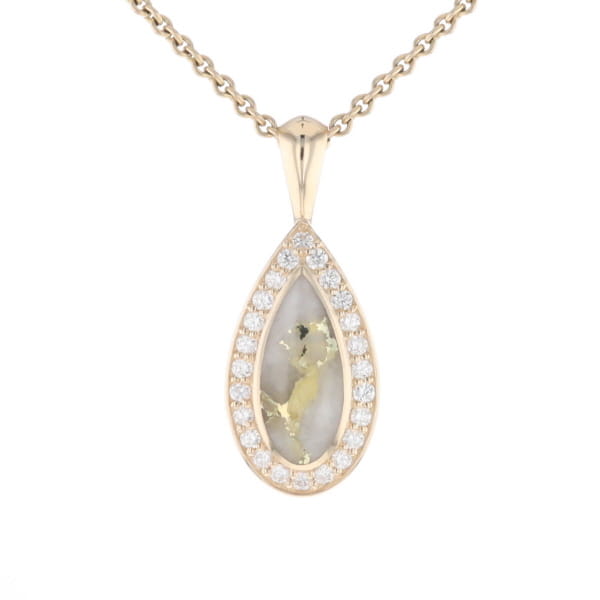 Gold Quartz Pendant Tear Drop Inlaid .42ctw Diamond Halo Design