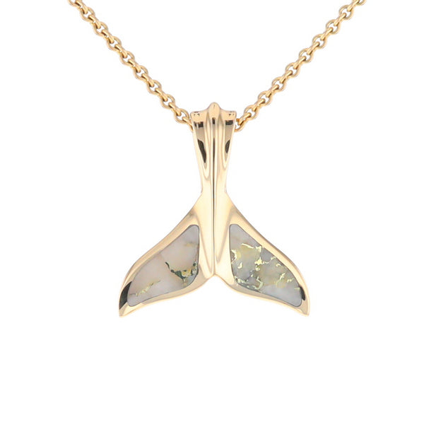 Whale Tail Necklaces Gold Quartz Double Sided Inlaid Sea Life Pendant