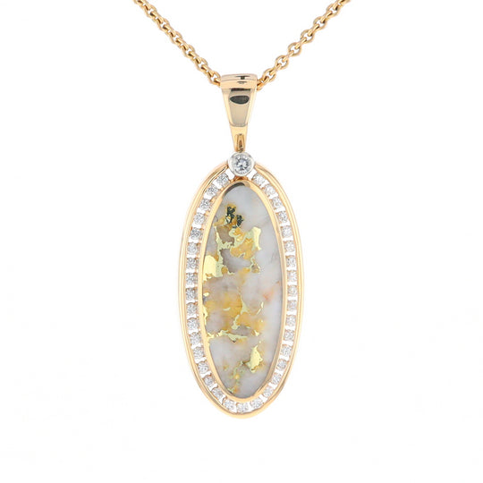 Gold Quartz Necklace .54ctw Halo Diamond Oval Inlaid Pendant