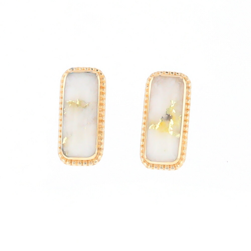 Gold Quartz Earrings Rectangle Inlaid Milgrain Design - G2