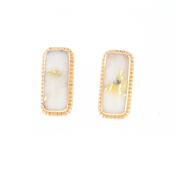 Gold Quartz Earrings Rectangle Inlaid Milgrain Design - G2