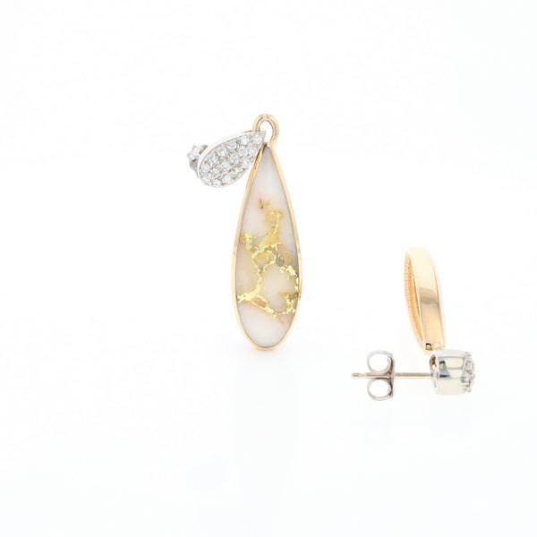 Gold Quartz Earrings, Tear Drop Inlaid with .22ctw Diamond Pave Design