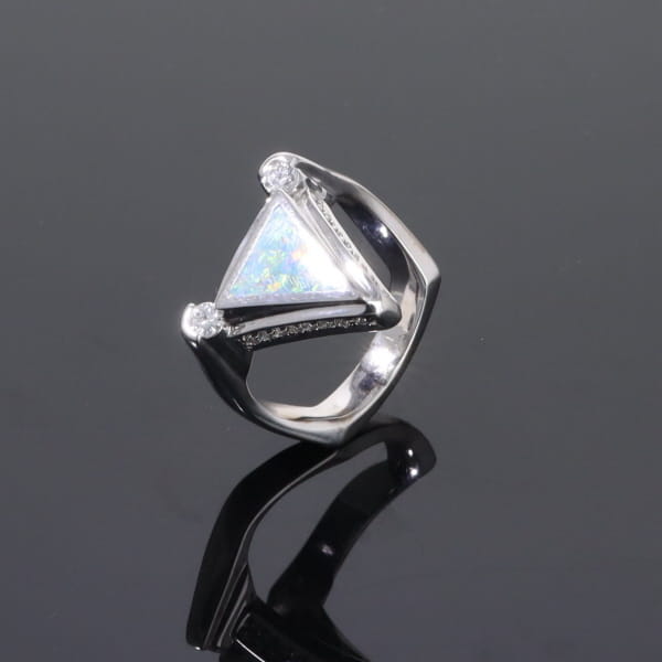 Opal Rings Triangle Inlaid Design with .31ctw Round Diamonds