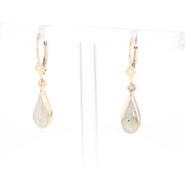 Gold Quartz Earrings Tear Drop Inlaid Lever Backs - G2