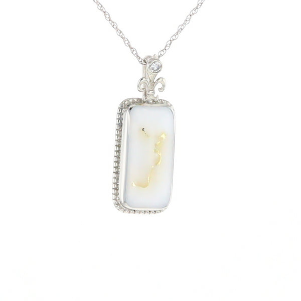 Gold Quartz Necklace, Rectangle Inlaid Fleur De Lis Design with .02ctw Diamond Pendant