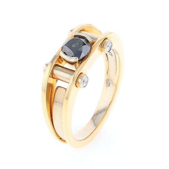 Men's Contemporary White and Yellow Gold Industrial Black Diamond Ring