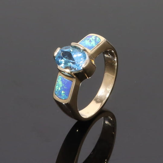 Opal Rings 2 Section Inlaid Design with Oval Swiss Blue Topaz Center