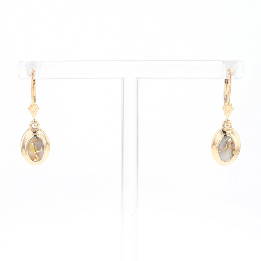 Gold Quartz Earrings Oval Inlaid Design Lever Backs - G2