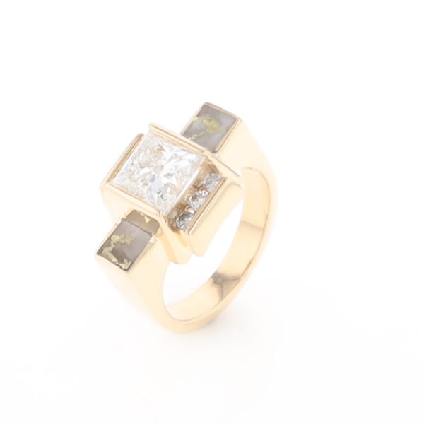 Princess Cut Diamond Gold Quartz 2-Square Inlaid Ring