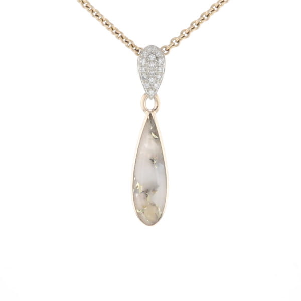 Gold Quartz Necklace Tear Drop Inlaid Pendant with .11ctw Diamonds