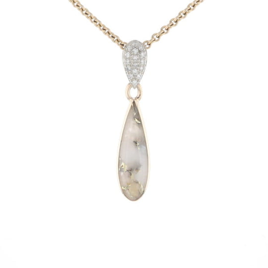 Gold Quartz Necklace Tear Drop Inlaid Pendant with .11ctw Diamonds