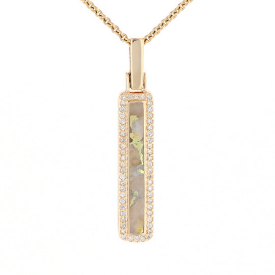 Gold Quartz Necklace, Rectangle Inlaid, .27ctw Diamond Halo Pendant