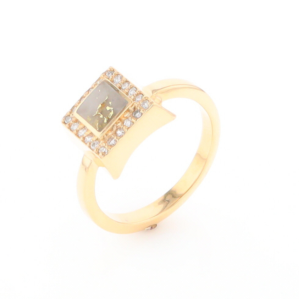 Gold Quartz Ring Square Inlaid Halo .14ctw Diamonds Design