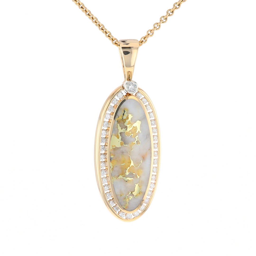 Gold Quartz Necklace .54ctw Halo Diamond Oval Inlaid Pendant