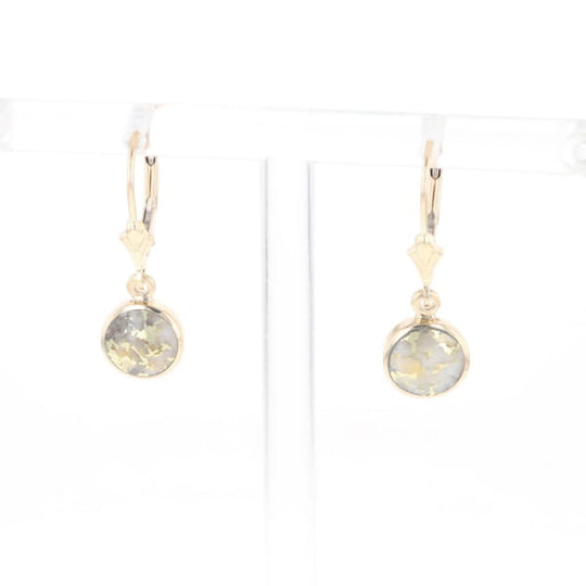 Gold Quartz Earrings Round Inlaid Design Lever Backs