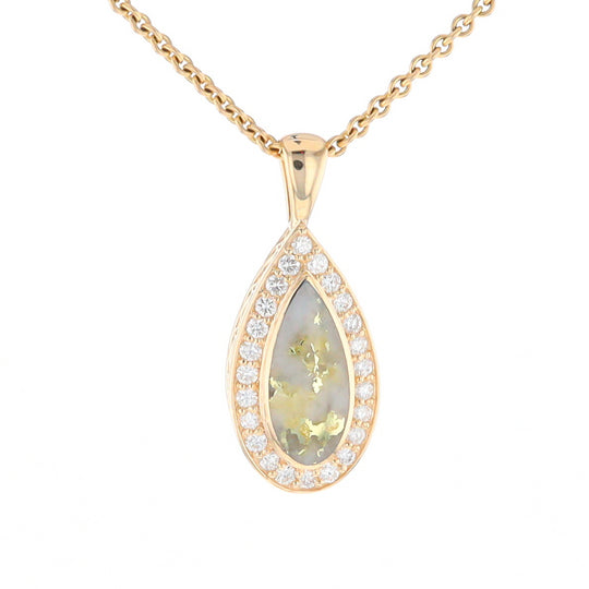 Gold Quartz Pendant Tear Drop Inlaid .42ctw Diamond Halo Design