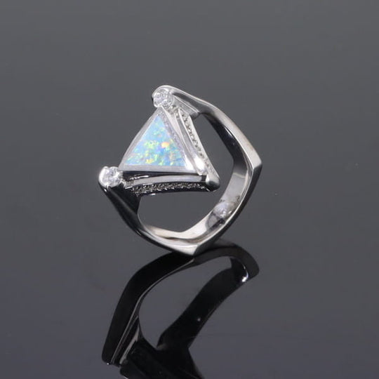 Opal Rings Triangle Inlaid Design with .31ctw Round Diamonds