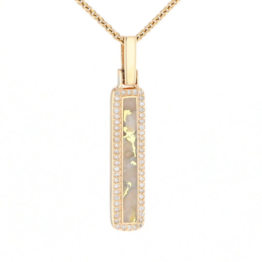 Gold Quartz Necklace, Rectangle Inlaid, .27ctw Diamond Halo Pendant