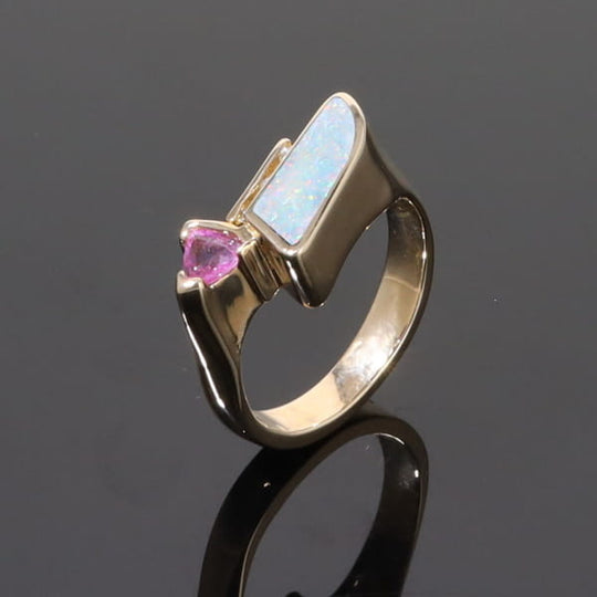 Opal Rings Geometric Inlaid with Pink Sapphire and .08ctw Diamonds