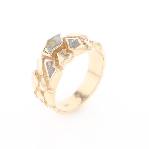 Gold Quartz Ring 3 Section Inlaid Nugget Design Band