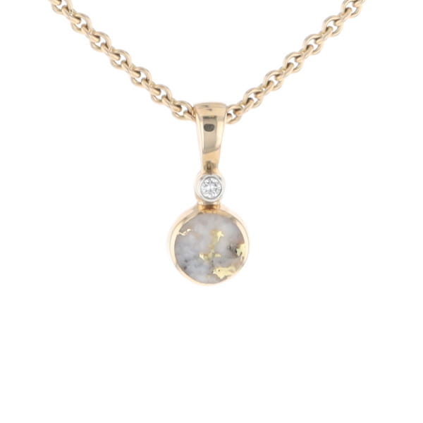 Gold Quartz Necklace Round Inlaid Pendant with .02ct Round Diamond