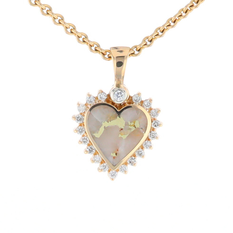 G2 Gold Quartz Pendant Heart Inlaid .21ctw Diamond Halo Design Pendant