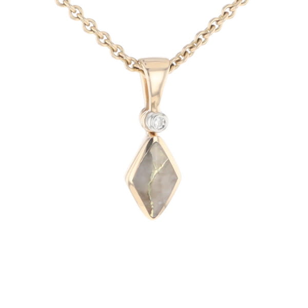 Gold Quartz Necklace Diamond Shape Inlaid Pendant with .02ct Diamond