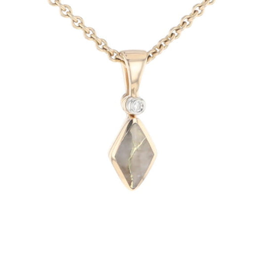 Gold Quartz Necklace Diamond Shape Inlaid Pendant with .02ct Diamond