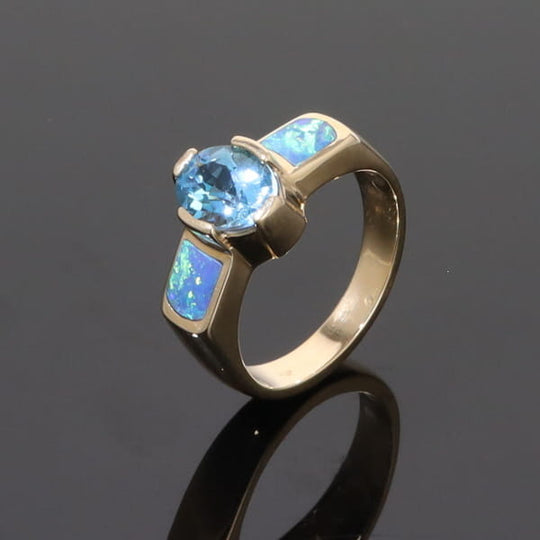 Opal Rings 2 Section Inlaid Design with Oval Swiss Blue Topaz Center
