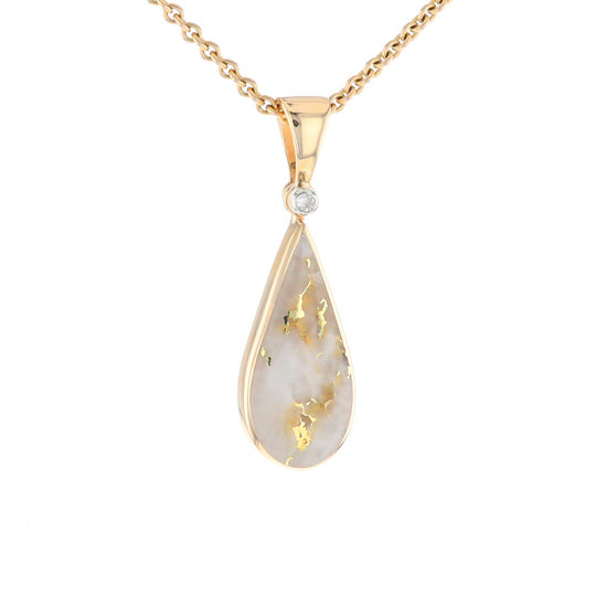 Gold Quartz Necklace Tear Drop Inlaid Pendant with .02ct Diamond