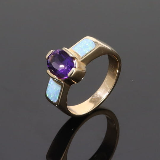 Opal Rings 2 Section Inlaid Design with Oval Amethyst Center