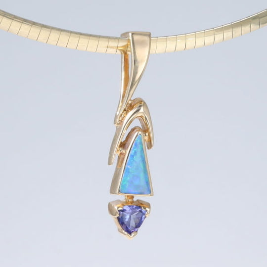 Opal Pendant Triangle Inlaid Design with Trillion Cut Tanzanite