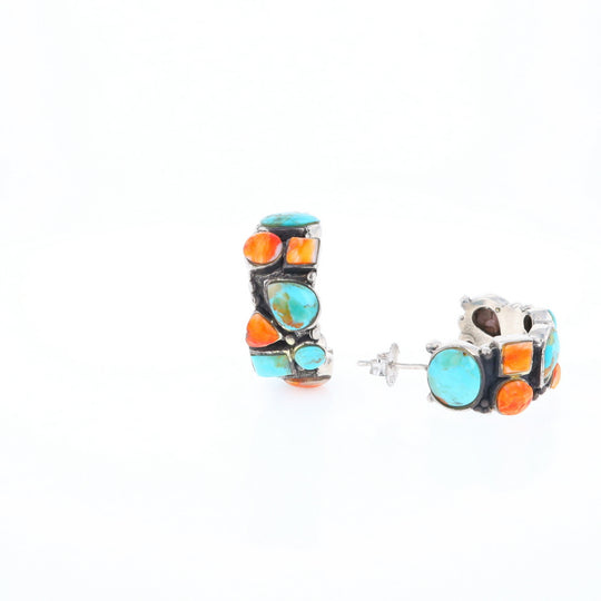 Turquoise & Spiny Oyster Semi-Hoop Stud Earrings