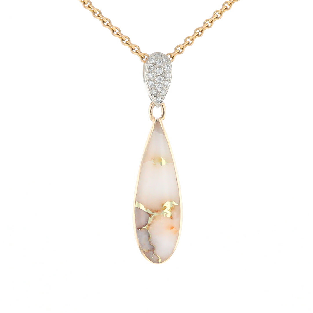 Gold Quartz Necklace, Tear Drop Inlaid Design with .11ctw Diamond Pave Pendant