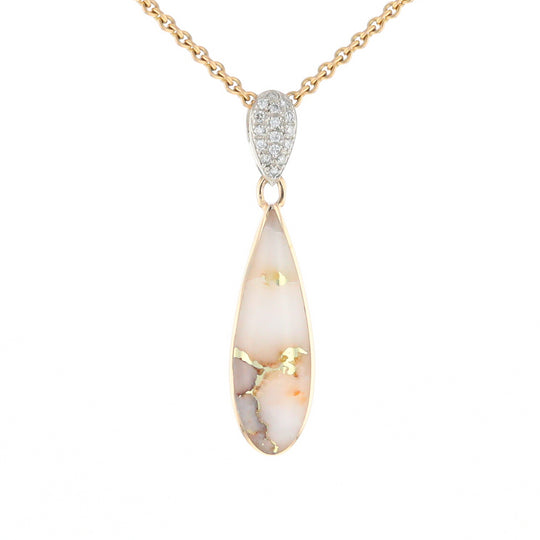 Gold Quartz Necklace, Tear Drop Inlaid Design with .11ctw Diamond Pave Pendant