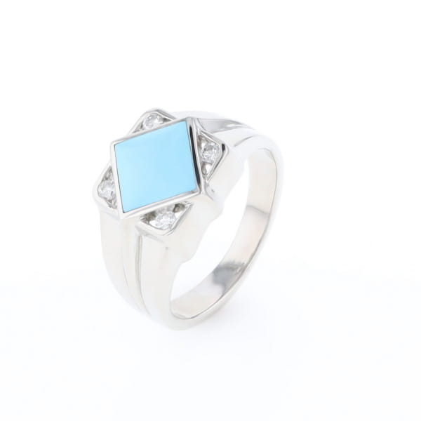 Natural Sleeping Beauty Turquoise ring diamond shape inlaid design with .16ctw round diamonds