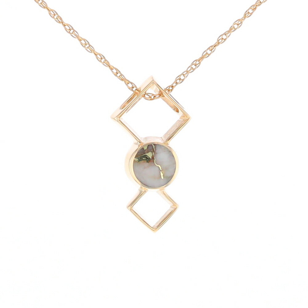 Gold Quartz Round Inlay Double Diamond Design Pendant