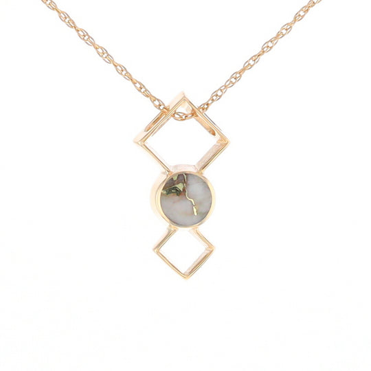 Gold Quartz Round Inlay Double Diamond Design Pendant