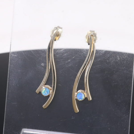 Opal Earrings Round Inlaid Double Curved Bar Design Studs