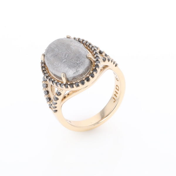 Meteorite Ring Oval Cabochon 0.65ctw Round Black Diamonds Halo