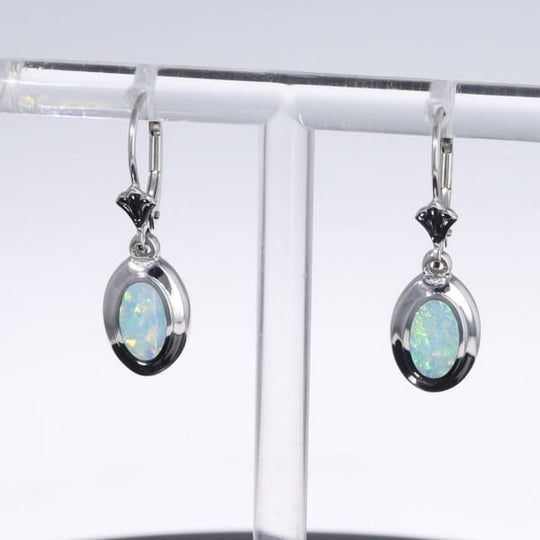 Opal Earrings Oval Inlaid Design Lever Backs