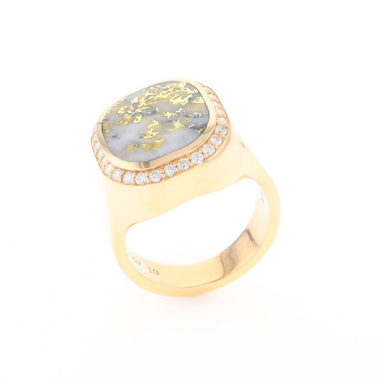 Gold Quartz Cushion Inlaid Men's Ring with Diamond Halo