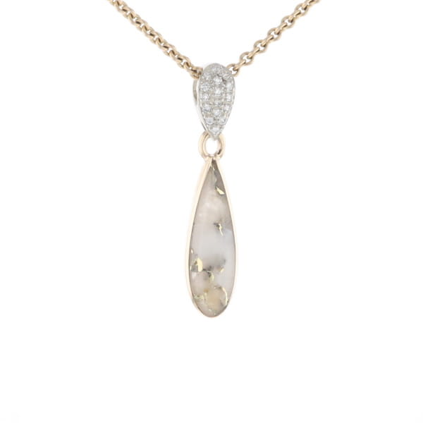 Gold Quartz Necklace Tear Drop Inlaid Pendant with .11ctw Diamonds